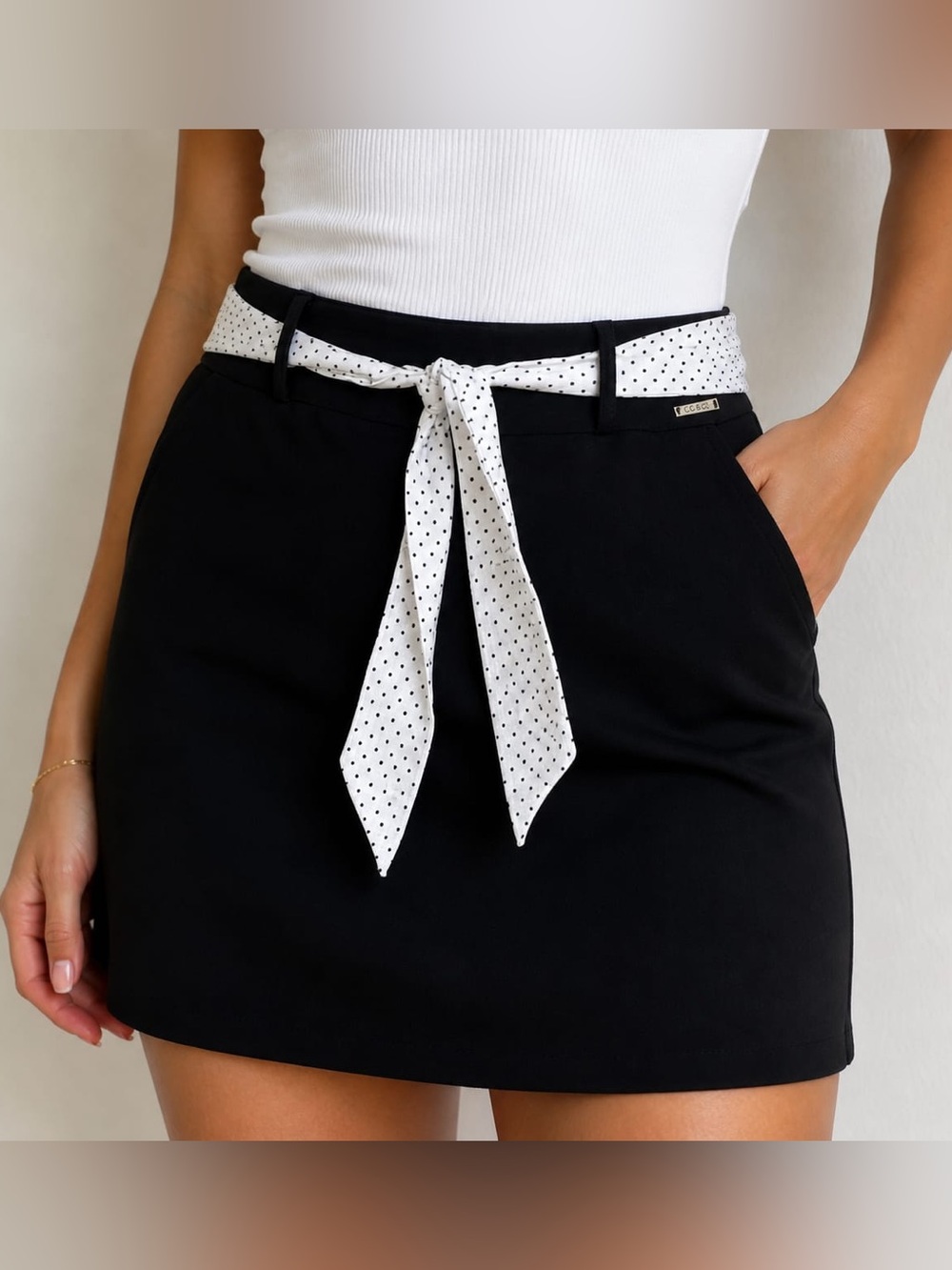 Black Mini Skirt stretch with White Polka Dot Tie Belt by
